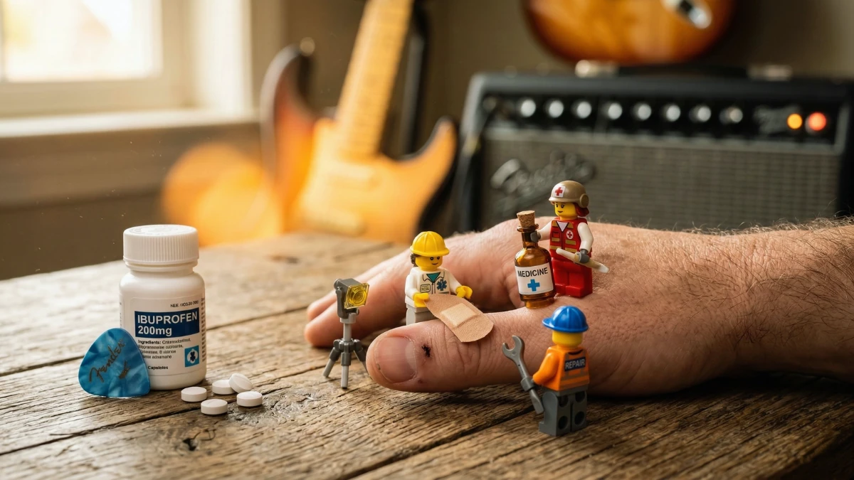 A guitarist picking hand thumb in pain with a band aid being treated by lego men doctors