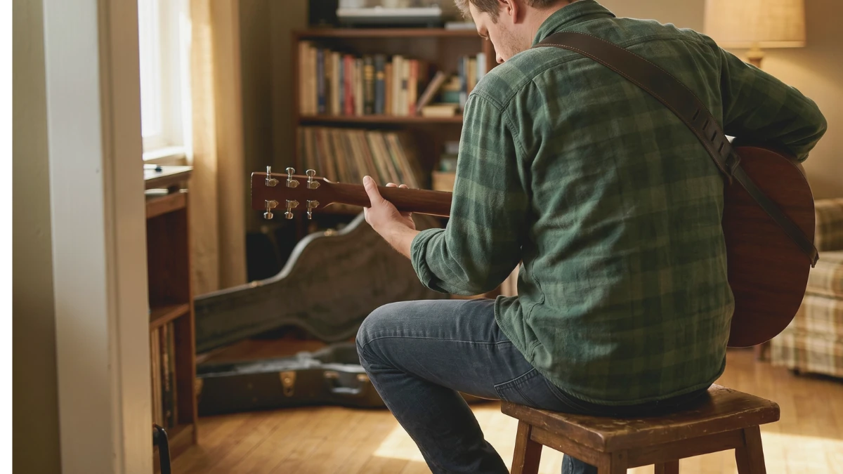 Guitarist seen from behind with rounded shoulder posture on fretting side while playing acoustic guitar