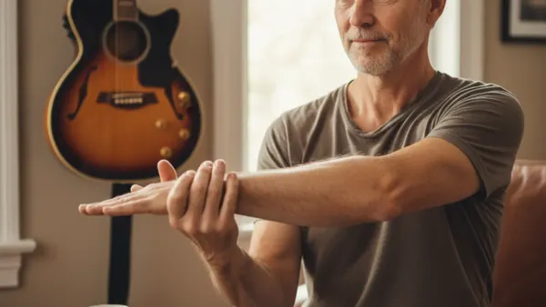A middle aged guitarist sitting beside a guitar performing warm up stretches for his hands prior to playing 